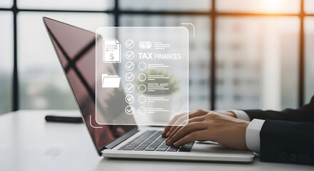 Person's hands typing on laptop with a digital checklist overlay showing tax finances and digital audit, emphasizing efficient tax preparation.
