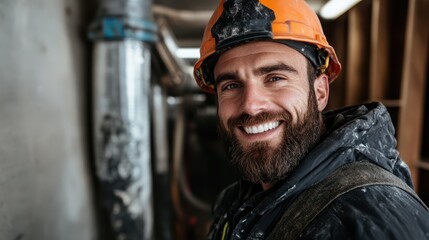 Fototapeta premium A cheerful construction worker wearing a hard hat stands confidently in a construction setting, portraying professionalism and positivity in the workforce of today.