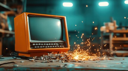 A vintage orange television surrounded by sparks evokes nostalgia and creativity, representing the transition from old technology to modern innovation and reminding us of the past.