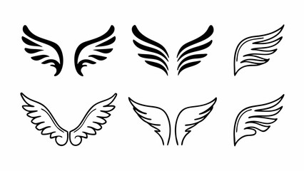 Set of Stylized Angel and Bird Wings in Black Outline and Solid Fill Designs on White.