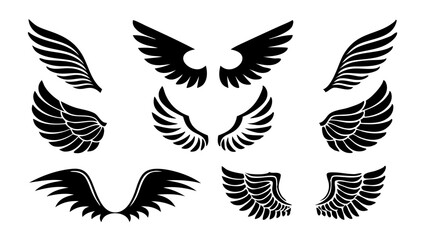 Vector Icons of Abstract and Decorative Wings, Ideal for Logos, Emblems, or Tattoo Designs.