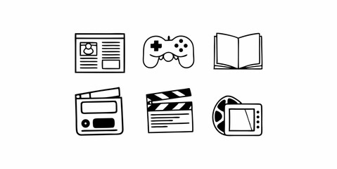 Set of Entertainment and Media Icons in Black and White Outline for Digital Content and Leisure Activities.