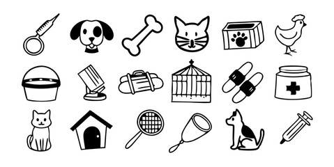 Set of Pet Care and Animal Supplies Icons in Black and White Outline Doodle Style for Veterinary Clinics.
