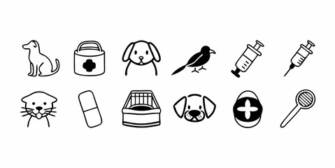 Vector Symbols for Animal Welfare, Pet Ownership, and Veterinary Services, Isolated on White.