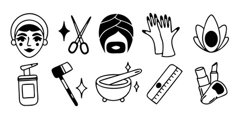 Set of Beauty, Skincare, and Wellness Icons in Black and White Outline Doodle Style for Salons and Spas.