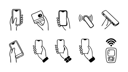 Collection of Black and White Outline Illustrations of Hands Using Various Mobile Devices with Wi-Fi Symbols.