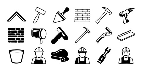 Set of Construction and Renovation Tool Icons in Black and White Outline for Building Industry Designs.