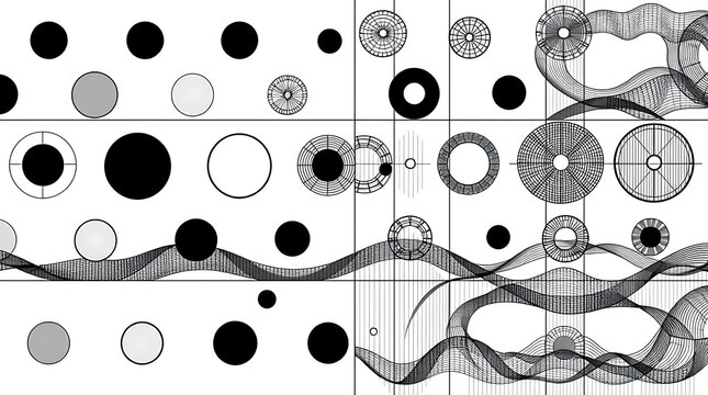 Abstract grayscale circles waves grid pattern design