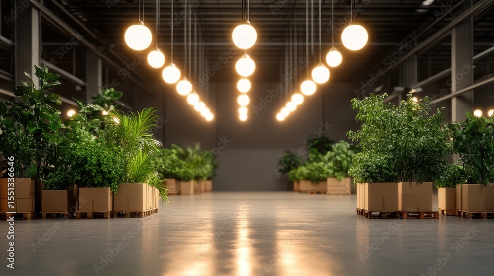 Poster an inviting modern space filled with lush green plants and warm overhead lights, creating a serene a