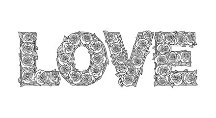 Rose-themed typography "LOVE" with elegant floral designs for creative decoration and art, copy space