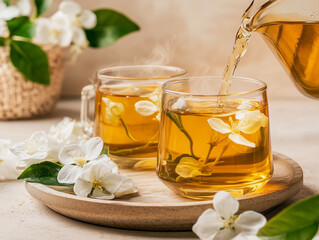 Pouring fresh jasmine tea into glass cup with jasmine flowers