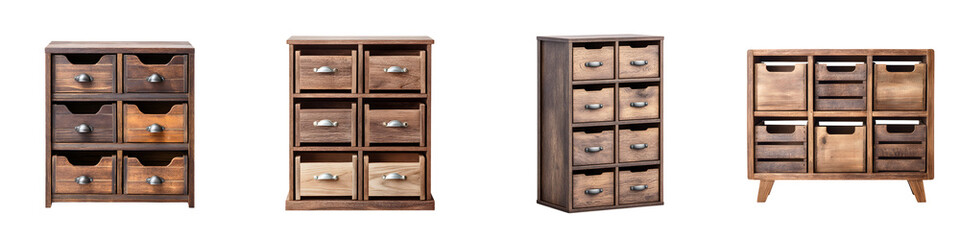 Set of Rustic Wooden Drawers, Chests on White Background