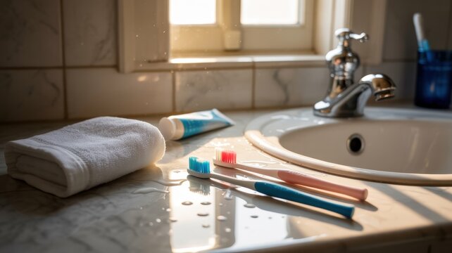 Messy bathroom counter with toothbrushes, toothpaste, and towel near sink