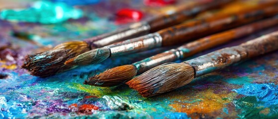 Fototapeta premium The collection of artist brushes resting on a colorful paint palette.