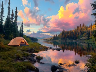 "Vintage Sunset Camping by the Lake"