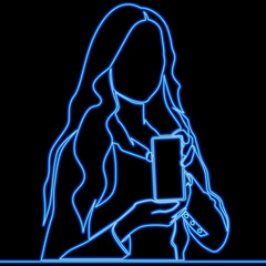 Woman Holding Smartphone with Blank Screen Mockup icon neon glow vector illustration concept