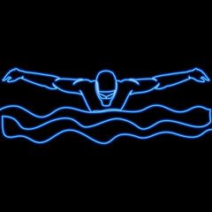 Professional Swimmer In Night Pool Glow Illuminated Swimming Pool Scene for Luxury Advertising icon neon glow vector illustration concept