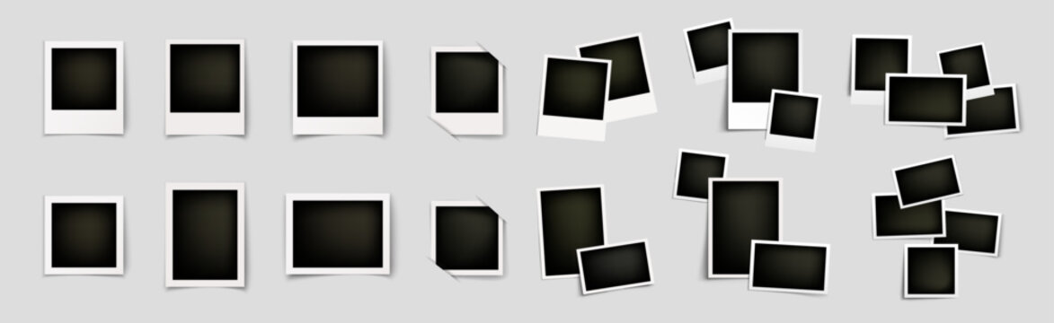 Realistic polaroid photo frame set, vintage card mockup collection, empty photo templates with shadow and adhesive tape, isolated on white background
