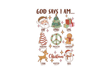 God Says I Am – Christian Christmas Typography Sketch with Santa and Tree Sublimation design