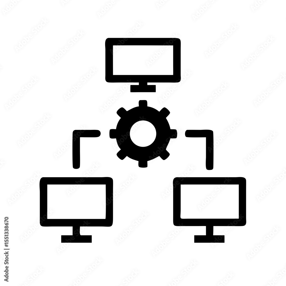 Poster isolated on white background, this simple black icon shows three computers connected to a central ge