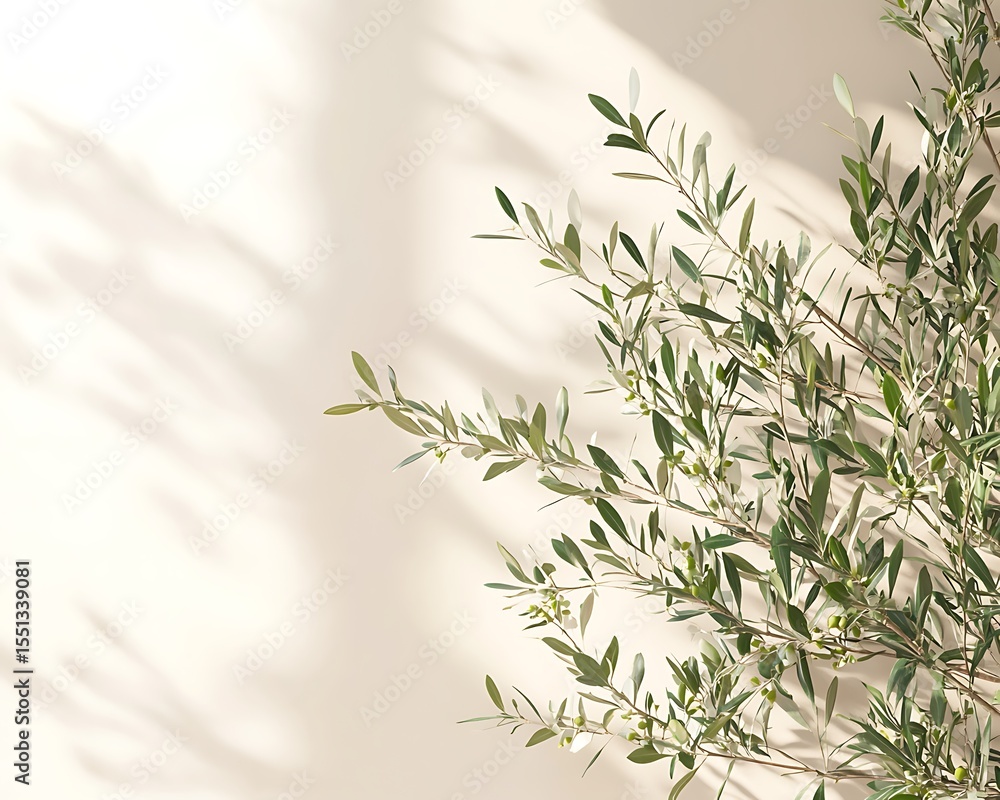 Poster a close up view of an olive branch against a wall with shadows creating a soft and natural light