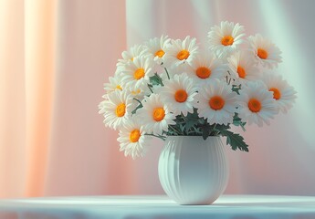A white vase holds a bouquet of vibrant white daisies with orange centers, set against a softly lit pastel background.