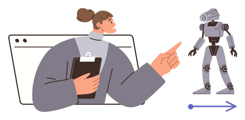 Person with clipboard pointing at advanced humanoid robot. Ideal for robotics, innovation, AI, future technology, human-computer interaction, tech education, career advancement. Simple flat metaphor