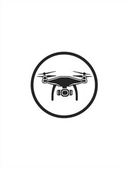 Drone with camera hovering inside a circle, simple black icon