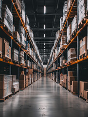 Cardboard boxes stacked on metal shelves in distribution warehouse