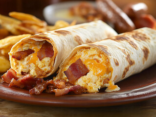 Delicious breakfast burritos with scrambled eggs, bacon and cheddar cheese