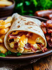 Delicious breakfast burrito with scrambled eggs, bacon and cheddar cheese, served with fried potatoes