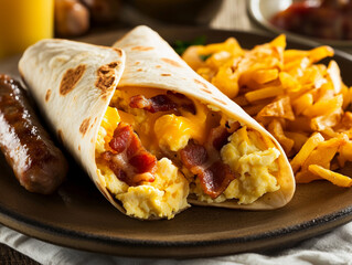 Delicious breakfast burrito with scrambled eggs, bacon, cheese, sausage, and hash browns