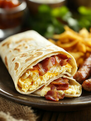 Delicious breakfast burrito with scrambled eggs, bacon, cheese, sausage links, and hash browns