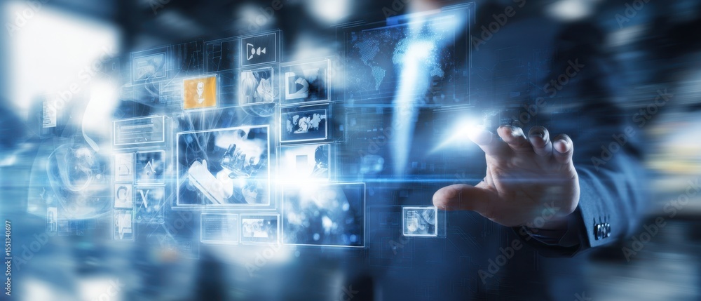 Poster the professional engaging with a digital holographic interface displaying multimedia content.