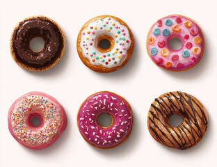 Six colorful donuts, various toppings