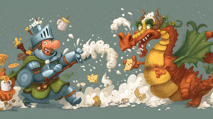 Fototapeta premium storybook illustration of a knight and a dragon