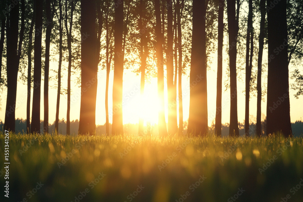 Poster sunrise through trees in a tranquil forest setting