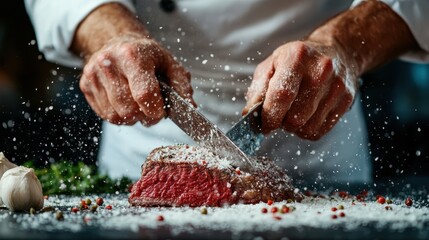 Fototapeta premium A skilled chef is seen carving a beautifully cooked piece of beef, with salt being added, showcasing culinary artistry and the importance of food presentation.