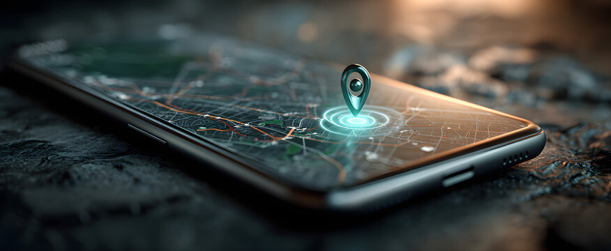 The smartphone displaying a map with a prominent location marker above.