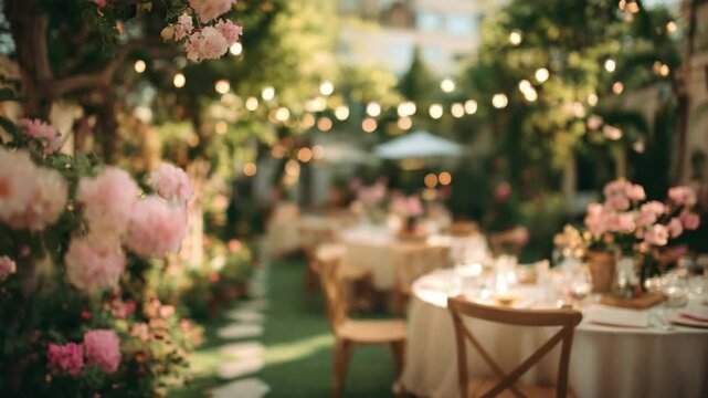 blurry garden party wedding background romantic decorated with fairy lights animation