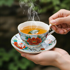 Hands holding a decorative teacup and saucer with steaming tea and a floating leaf.
