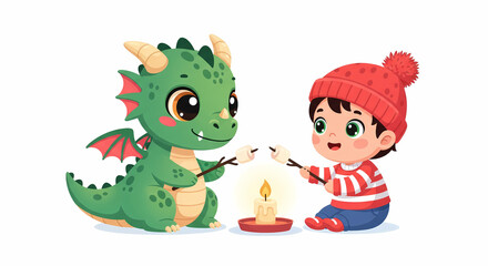 Naklejka premium Cute Dragon and Boy Roasting Marshmallows Over Candle 
