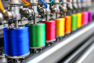 Textile production machines showcase colorful thread spools in factory