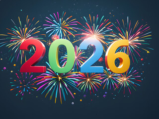 Colorful 3 D Number 2026 New Year Celebration Fireworks Display Red Green Blue Yellow Festive Holiday Background Image 4k High Quality Stock Photo Download