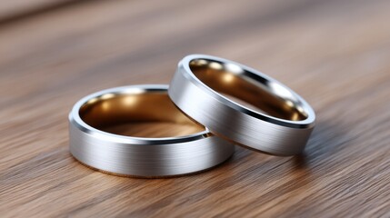 Close Up of Two Wedding Bands on Wooden Surface