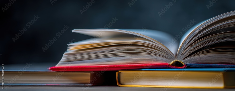 Poster the open book displaying its beautifully turned pages on a textured background.