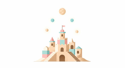 Abstract Fairy Tale Castle with Floating Orbs
