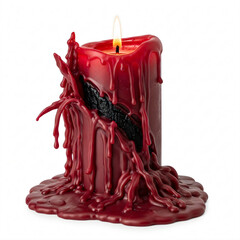 Red candle with dripping wax and a blackened vertical section, lit with a small flame on top.