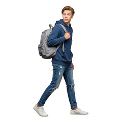 Teenager walking with backpack isolated on
transparent background