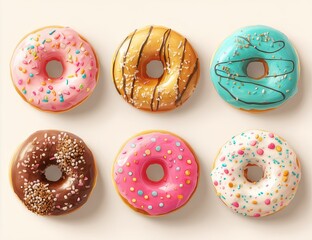 Six colorful donuts, various toppings (1)